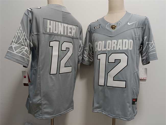 Mens Colorado Buffaloes #12 Travis Hunter Grey With XII Patch 2024 F.U.S.E Stitched Football Jersey